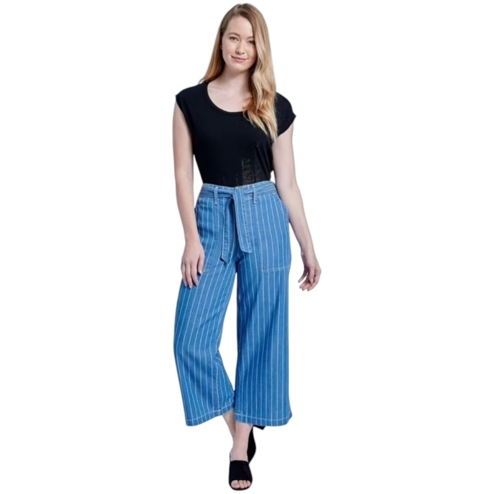 Seven7 Wide Leg Cropped Jeans Blue Striped High Rise Denim Tie Belt Palazzo 4 - Picture 2 of 7